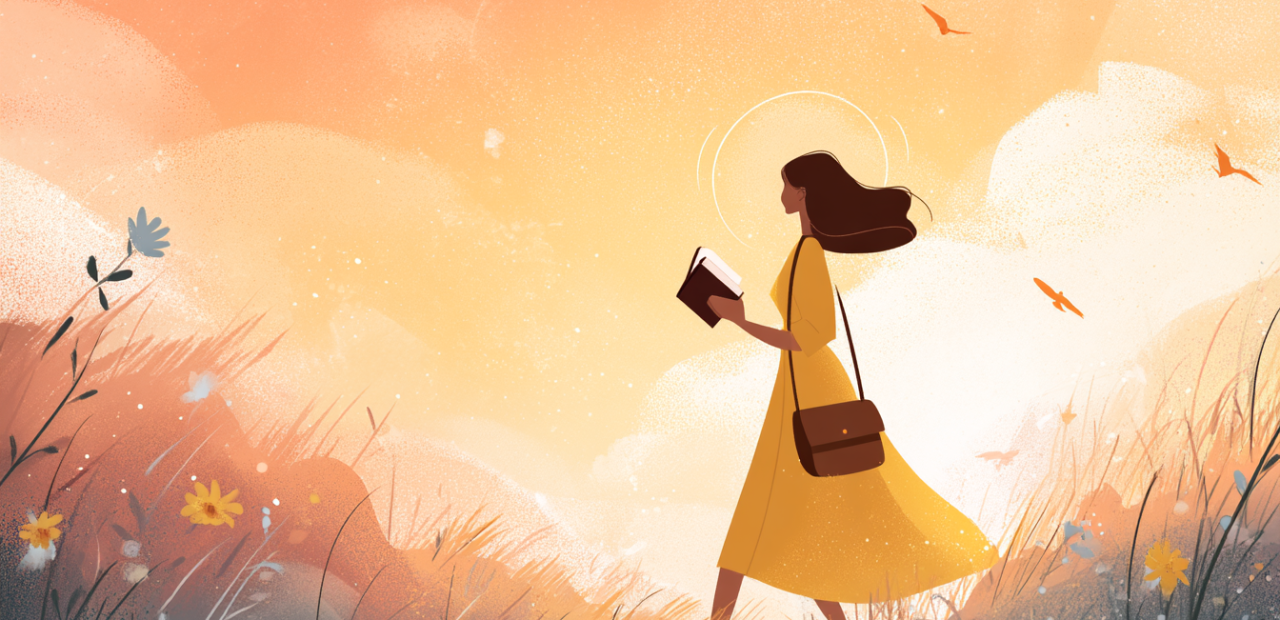 A cartoon illustration of a person with a halo walking peacefully through a sunrise field with wildflowers, holding an open Bible, and small birds flying overhead.