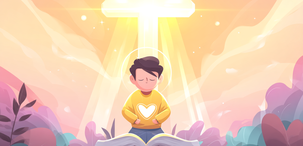 A cartoon illustration of a person with a halo kneeling at the foot of a radiant cross at sunrise, hands open, with an open Bible and glowing heart symbol nearby.