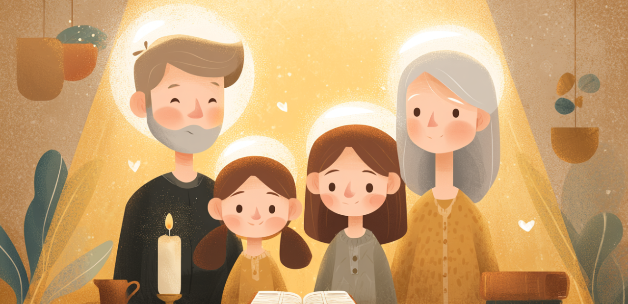 A cartoon illustration of a family with halos praying together at a table in a warmly lit home, with an open Bible and candle nearby.