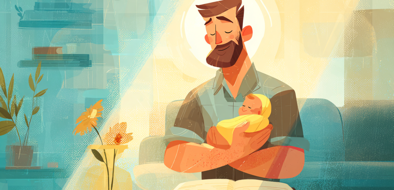 A cartoon illustration of a new father with a halo holding his baby in a golden-lit room, with an open Bible and small flower nearby.