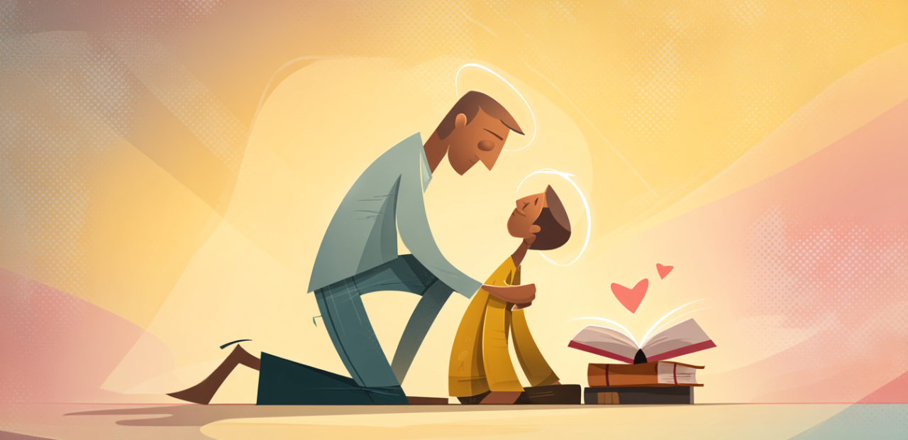 A cartoon illustration of a person with a halo gently helping another person up, with golden light shining down and an open Bible and heart symbol nearby.