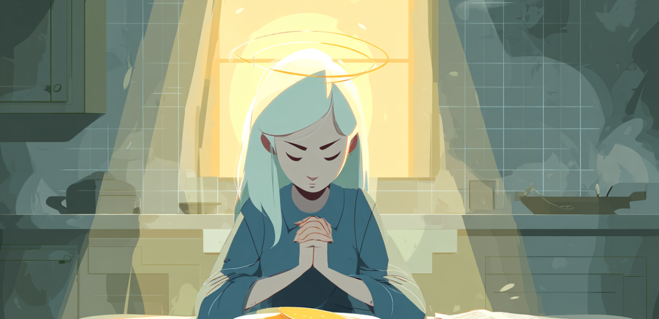Hungering for God A cartoon illustration of a person with a halo sitting at a table with an untouched plate, praying with folded hands beside an open Bible and golden light shining in.