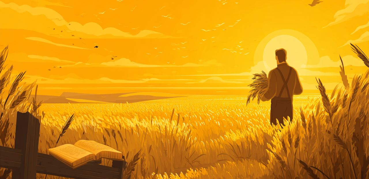The Lord of the Harvest A cartoon illustration of a person with a halo standing in a golden wheat field at sunrise, holding a bundle of wheat with an open Bible on a fence post nearby.