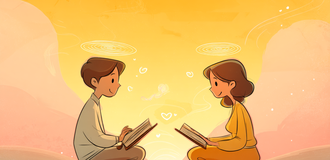 A cartoon illustration of two people with halos sitting across from each other with open Bibles, speaking gently under a golden sunrise with small heart symbols between them.