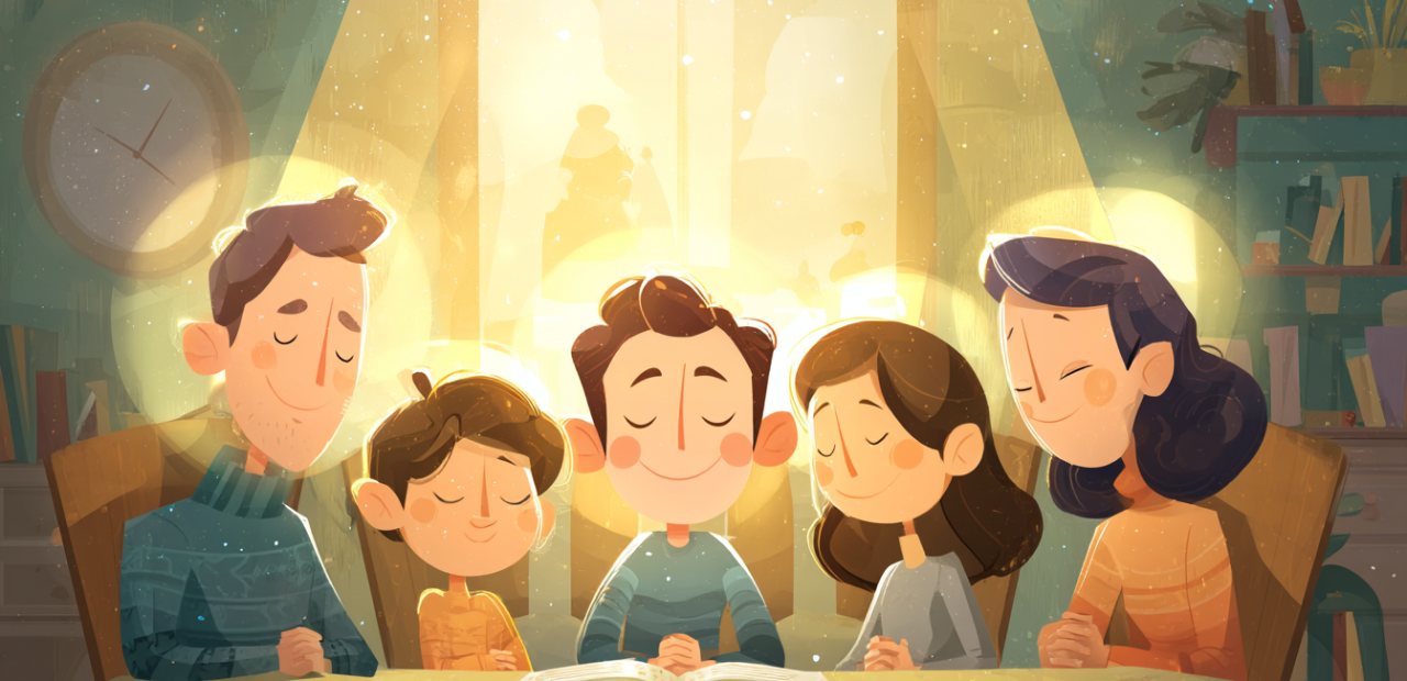 A cartoon illustration of a family with halos praying around a table with a Bible at the center, golden light shining through a window in a cozy home setting.