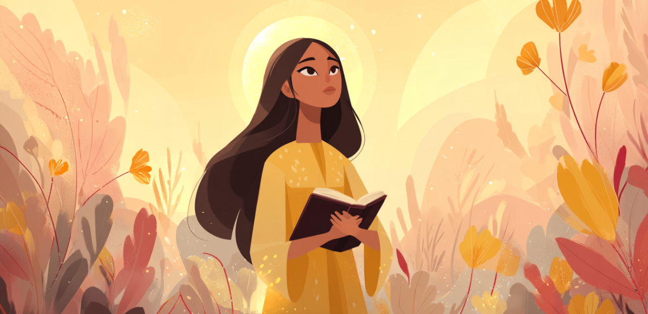 Rooted in His Word A cartoon illustration of a woman with a halo standing in a sunrise garden, holding an open Bible to her chest, surrounded by golden light and blooming flowers.
