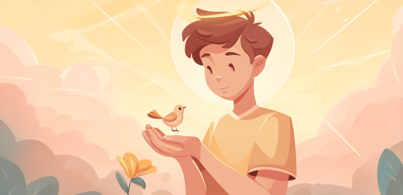 A cartoon illustration of a person with a halo gently holding a small bird, warm sunrise light around them, an open Bible and a blooming flower nearby.