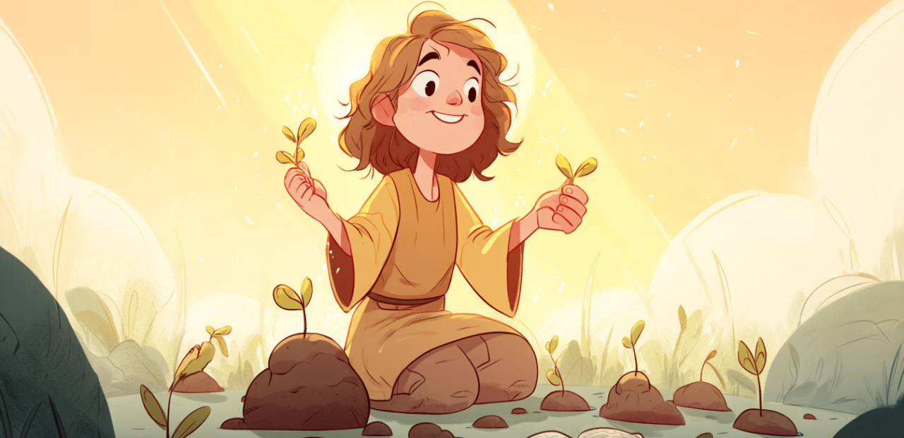 A cartoon illustration of a person with a halo joyfully planting seeds in a sunrise-lit garden with sprouts growing and an open Bible nearby.