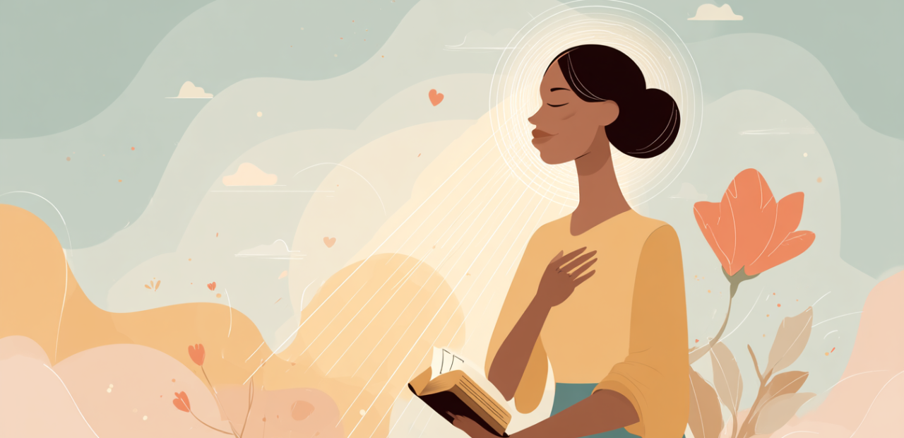 A cartoon illustration of a person with a halo sitting quietly with a hand on their heart and an open Bible, golden light shining down and a flower blooming nearby.