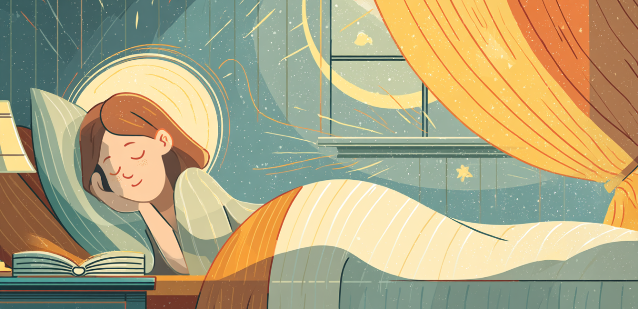 A cartoon illustration of a person with a halo resting peacefully in bed with golden moonlight, an open Bible on a bedside table, and stars glowing outside.