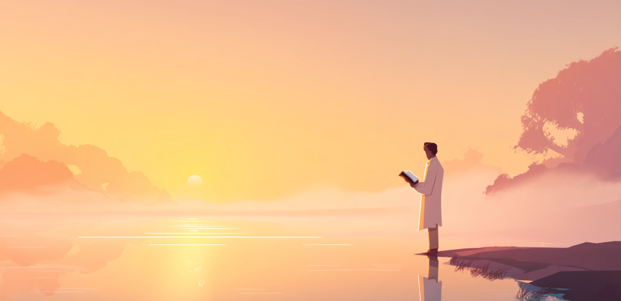 A cartoon illustration of a person with a halo holding a Bible, standing by a calm sunrise lake with a clear light path across the water.