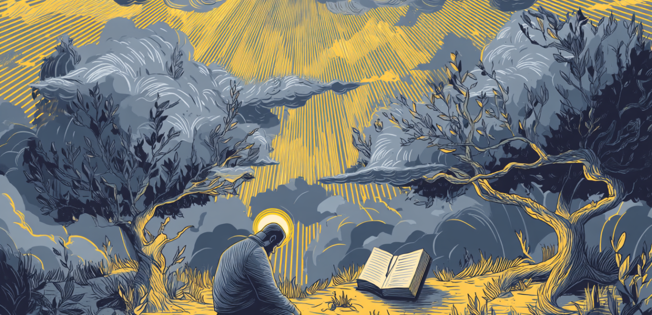 A cartoon illustration of a person with a halo kneeling in prayer as dark clouds swirl, golden light breaking through, and an open Bible beside them.
