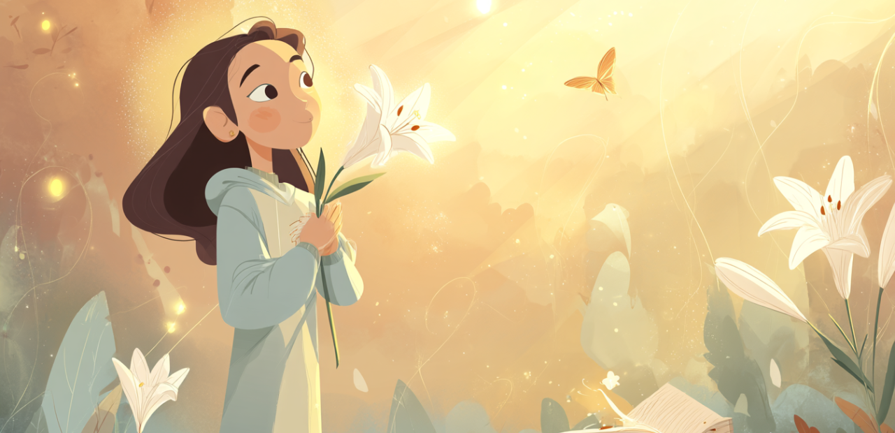 A cartoon illustration of a person with a halo holding a white lily in a sunrise-lit garden, warm light around them, with butterflies and an open Bible nearby.