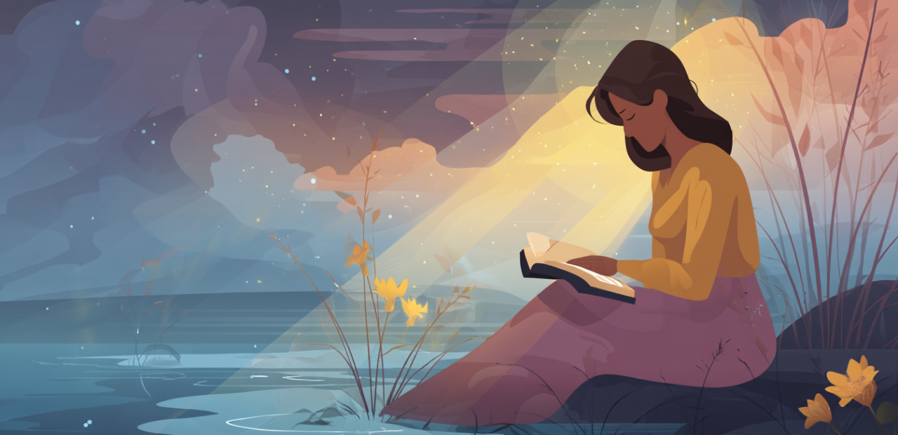 A cartoon illustration of a person with a halo sitting by a river at dusk, reading a Bible in their lap as golden light breaks through clouds and a flower blooms nearby.