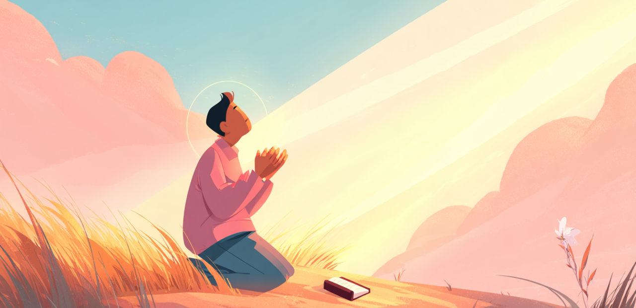 A cartoon illustration of a person with a halo kneeling in prayer on a sunrise hill with raised arms, golden light shining down, an open Bible and a small white flower nearby.