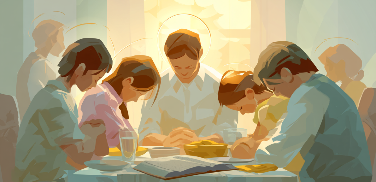 A cartoon illustration of a family or group praying over a meal at the table, with soft halos, golden light, and an open Bible nearby.