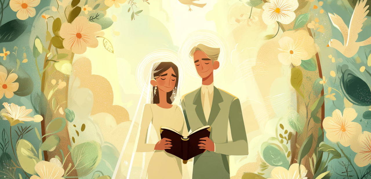 A Covenant of Love and Light A cartoon illustration of a bride and groom with halos standing under a floral arch, holding an open Bible with golden light around them.