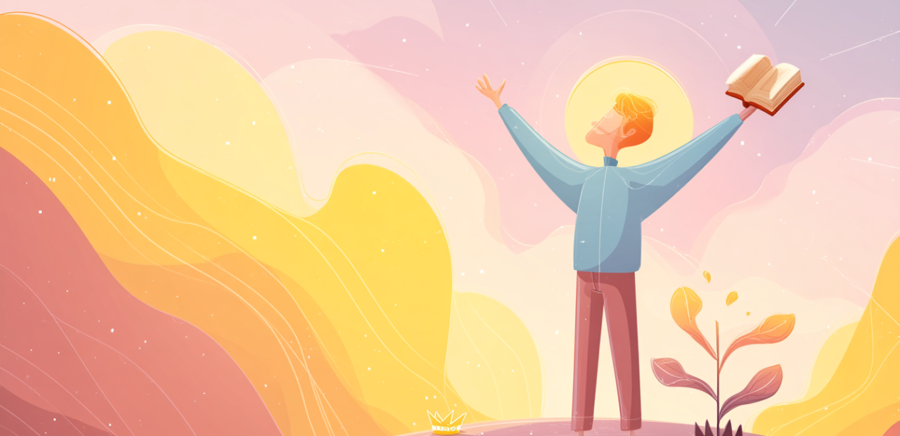 A cartoon illustration of a person with a halo standing on a sunrise hilltop with arms lifted in gratitude, holding an open Bible, with a crown and sprouting plant nearby.