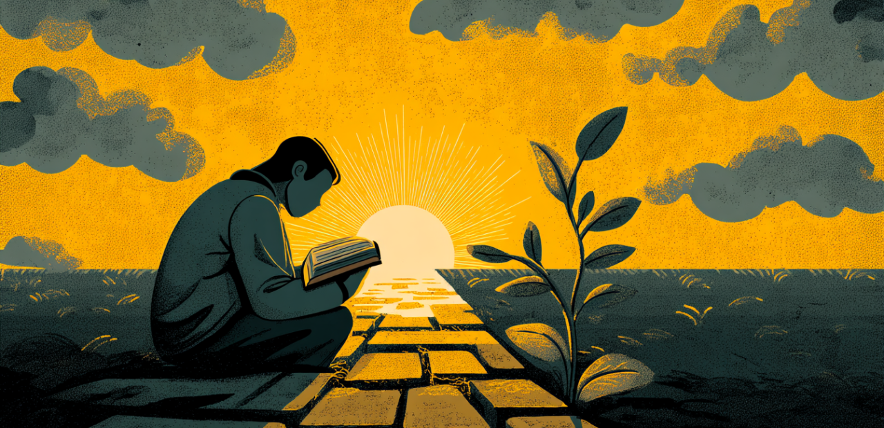 A cartoon illustration of a weary person with a halo sitting on a path at sunrise, holding a Bible as golden light breaks through clouds with a sprout nearby.