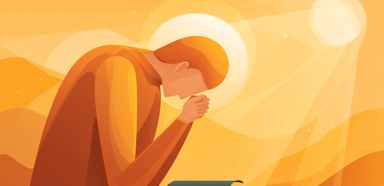 A cartoon illustration of a person with a halo bowing their head in prayer with folded hands over a Bible, golden light shining from above.