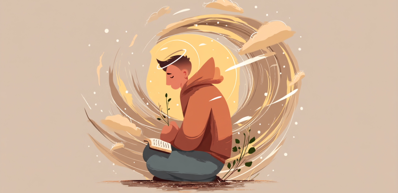A cartoon illustration of a person with a halo sitting calmly in prayer with golden light, stormy winds swirling around, an open Bible on their lap, and a small sprout nearby.