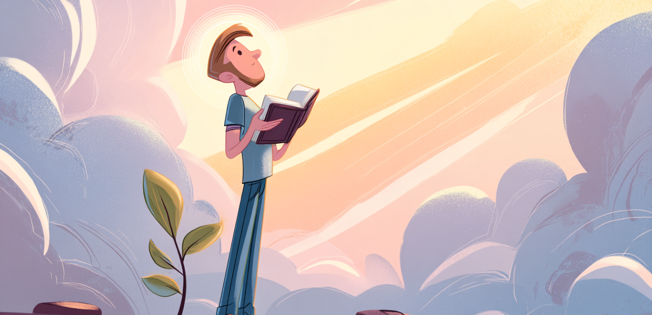 A cartoon illustration of a person with a halo standing firmly on a rocky path, holding a Bible to their chest, golden light above, and a small sprout growing nearby.