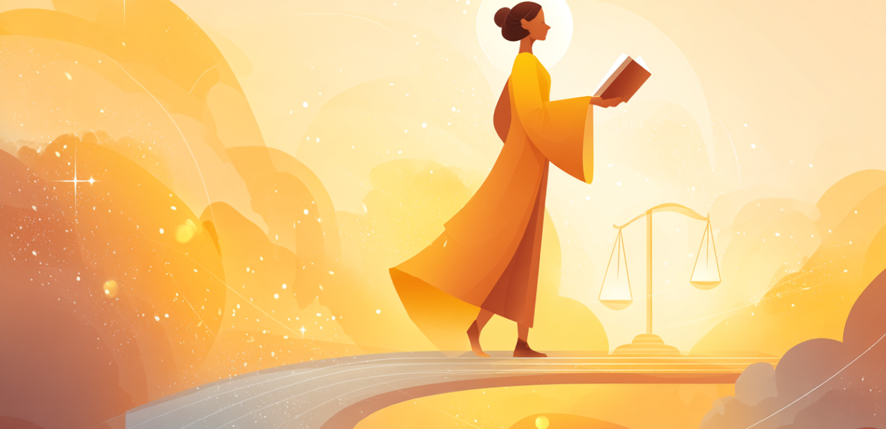 A cartoon illustration of a person with a halo holding a Bible, helping another person up on a sunrise path with a glowing balanced scale in the background.