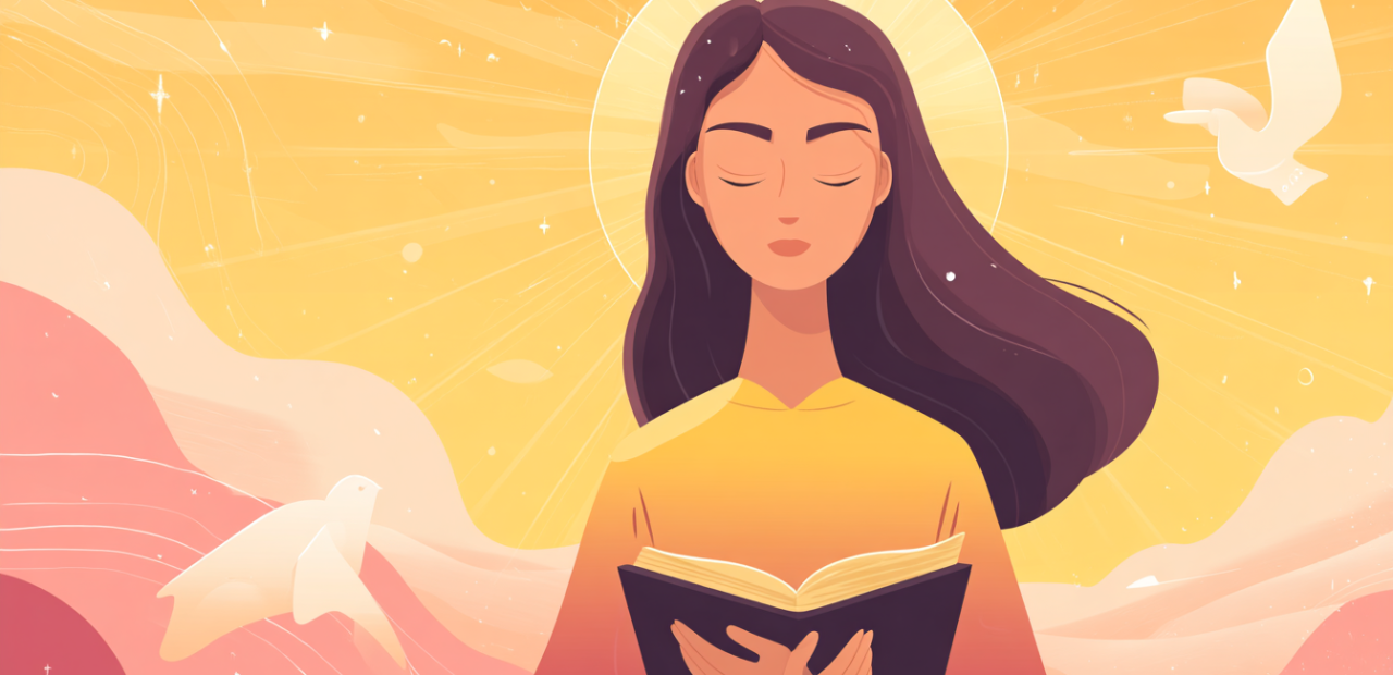 A cartoon illustration of a person with a halo standing with eyes closed, holding a Bible to their chest as golden light surrounds them with faint heavenly symbols.
