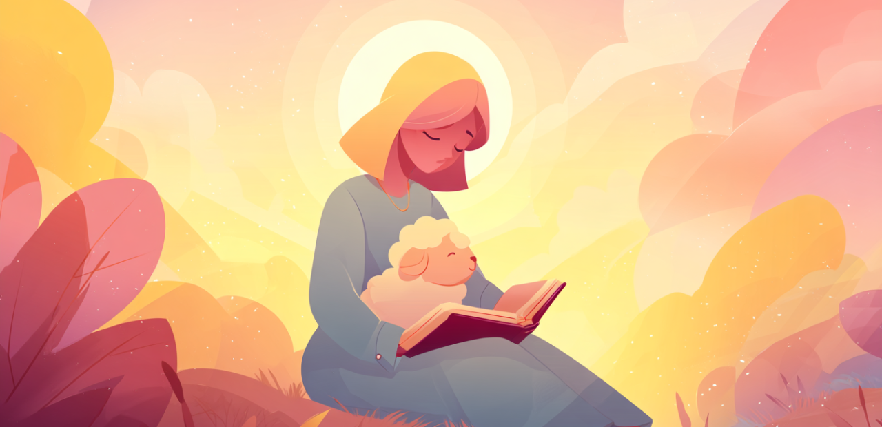 A cartoon illustration of a person with a halo sitting in a sunrise meadow with an open Bible in their lap and a small lamb beside them, surrounded by soft golden light.