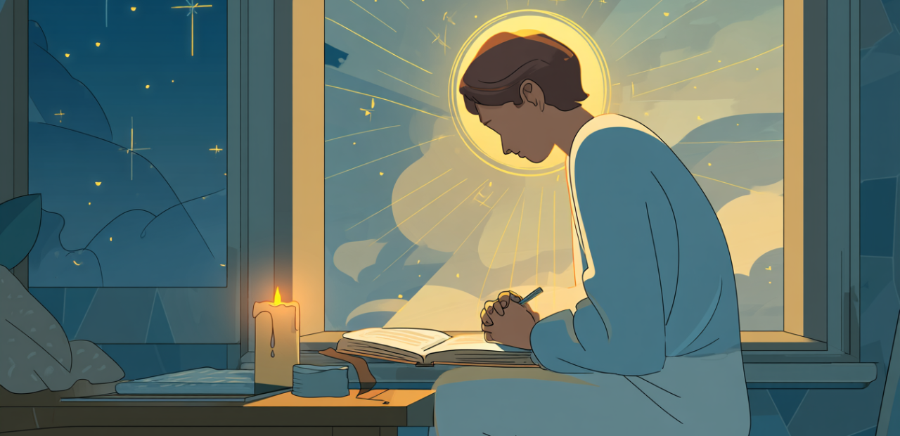 A peaceful cartoon illustration of a person with a halo journaling in prayer by a window at night, with a glowing candle, an open Bible, and stars outside.