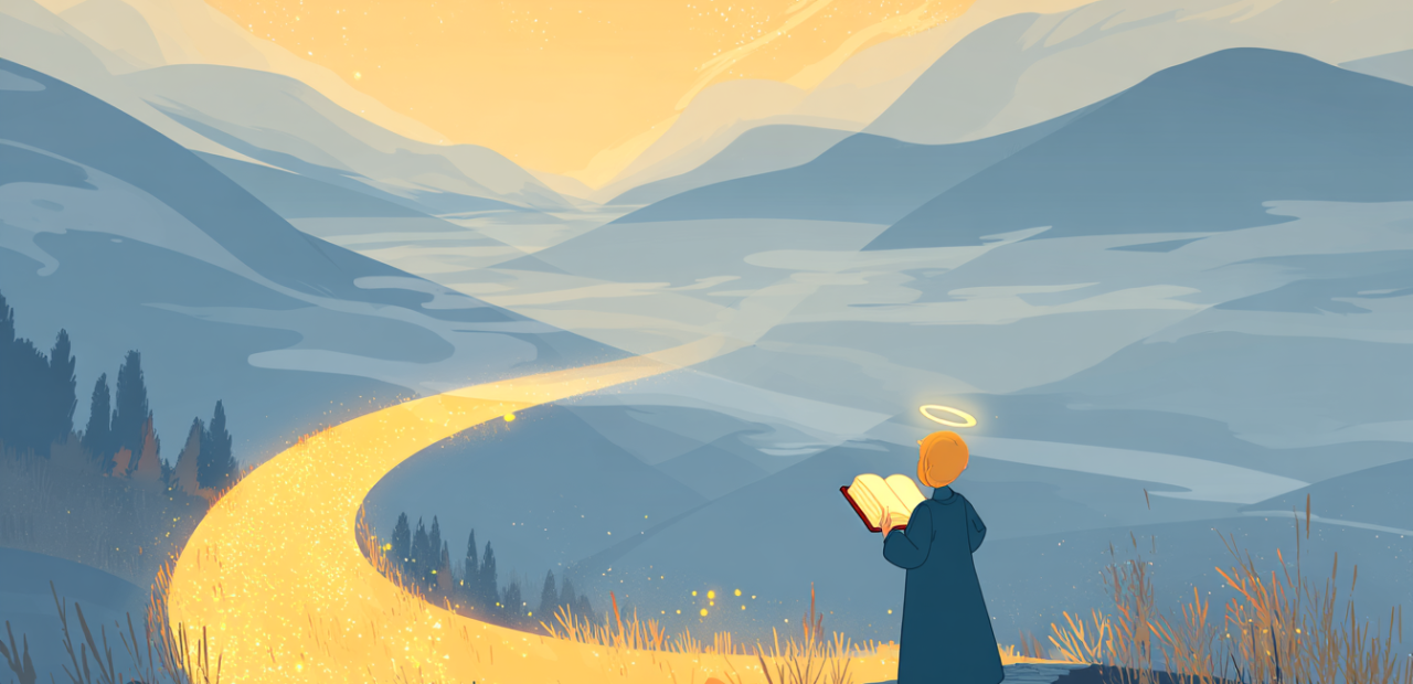 A cartoon illustration of a person with a halo standing on a foggy path, holding a glowing Bible as golden light breaks through the mist ahead.