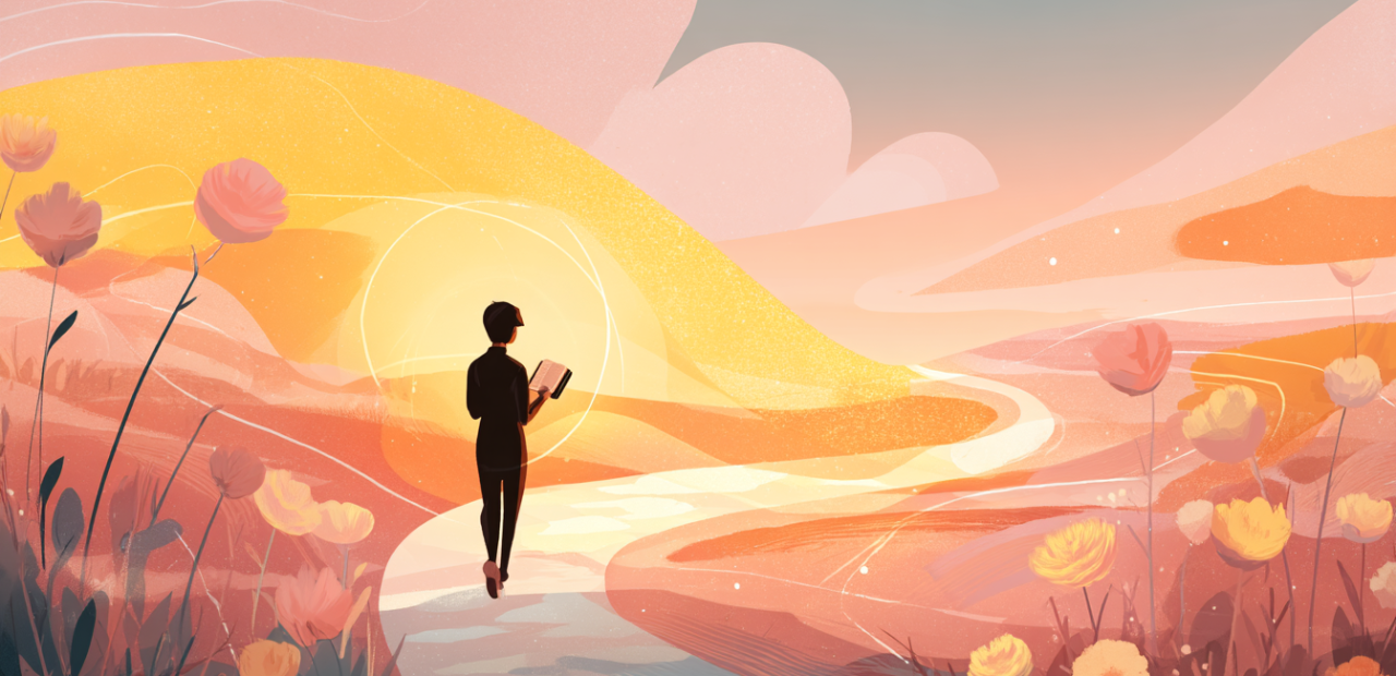 A cartoon illustration of a person with a halo walking confidently on a sunrise path lined with flowers, holding an open Bible, with blurred paths in the background.