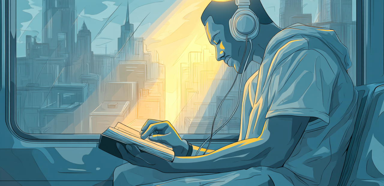 A cartoon illustration of a person with a halo reading a Bible on a train, golden light shining through the window, headphones on, with a peaceful city scene outside.