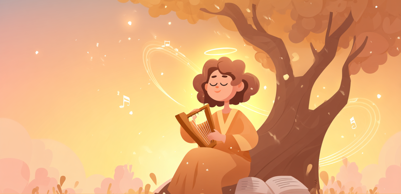 A cartoon illustration of a person with a halo playing a harp under a sunrise tree, musical notes glowing in the air and an open Bible beside them.