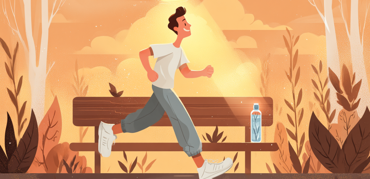 A cartoon illustration of a person with a halo jogging along a sunrise path in modest athletic clothing, with a Bible and water bottle on a bench nearby.