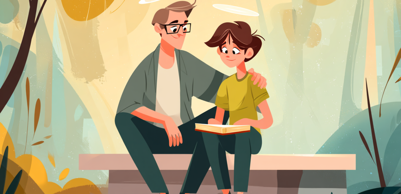 A cartoon illustration of a parent with a halo sitting beside their teenager on a porch step at sunset, gently resting a hand on their shoulder with a Bible between them.