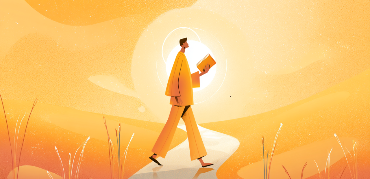 A cartoon illustration of a person with a halo walking on a sunrise path leaving glowing footprints, holding an open Bible, with small sprouting plants along the path.