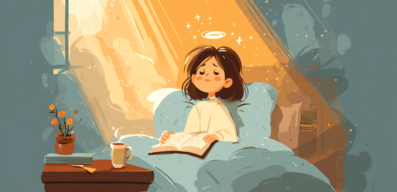 A peaceful cartoon illustration of a person with a halo resting in bed with golden light shining through a window, an open Bible and a blooming flower nearby.