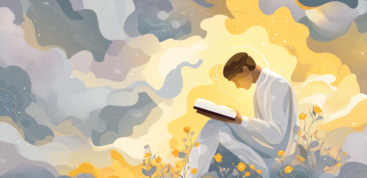 A cartoon illustration of a person with a halo sitting quietly with head bowed, soft golden light breaking through clouds, an open Bible on their lap, and flowers growing nearby.