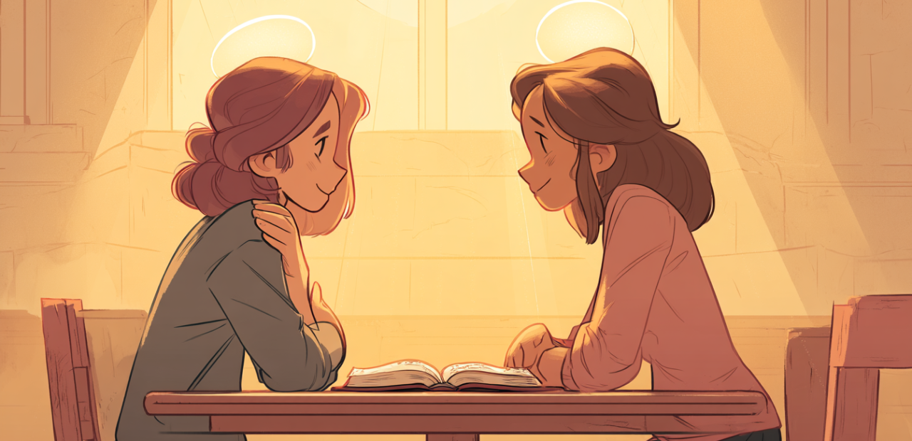 A cartoon illustration of two people with halos sitting across from each other in gentle conversation, an open Bible between them and warm golden light in the room.