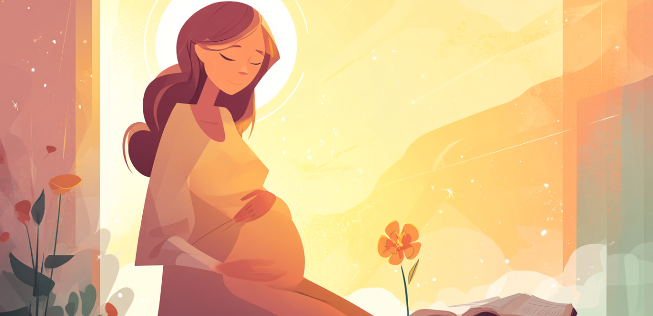 A cartoon illustration of a pregnant woman with a halo sitting peacefully, hands on her belly, with golden light, an open Bible, and a blooming flower nearby.