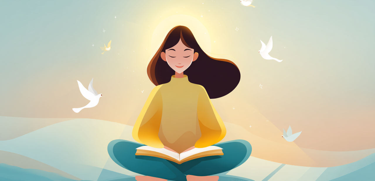 A cartoon illustration of a person with a halo sitting in prayer with an open Bible, warm golden light, gentle doves, and soft water in the background.