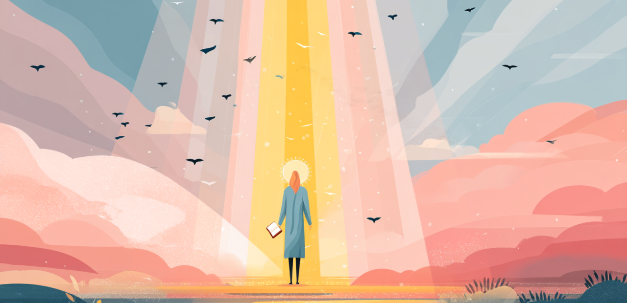 A cartoon illustration of a person with a halo breaking free from invisible chains, holding an open Bible, with golden light and birds flying upward in the background.