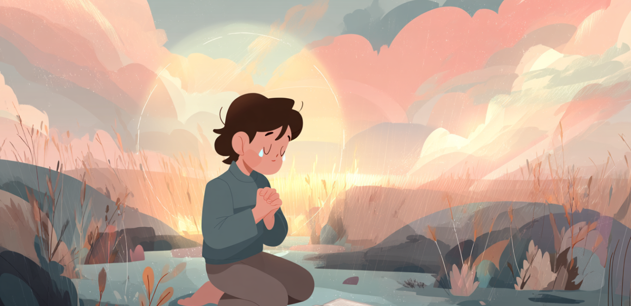 A cartoon illustration of a person with a halo kneeling in a quiet field at dusk, praying with an open Bible and golden light shining through the clouds above.