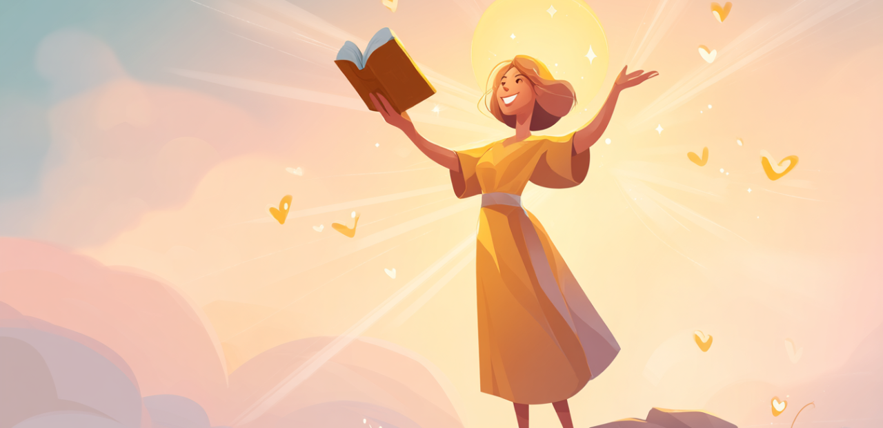 A cartoon illustration of a person with a halo holding up an open Bible on a sunrise hilltop, reaching out with the other hand, with warm light and heart symbols flowing outward.