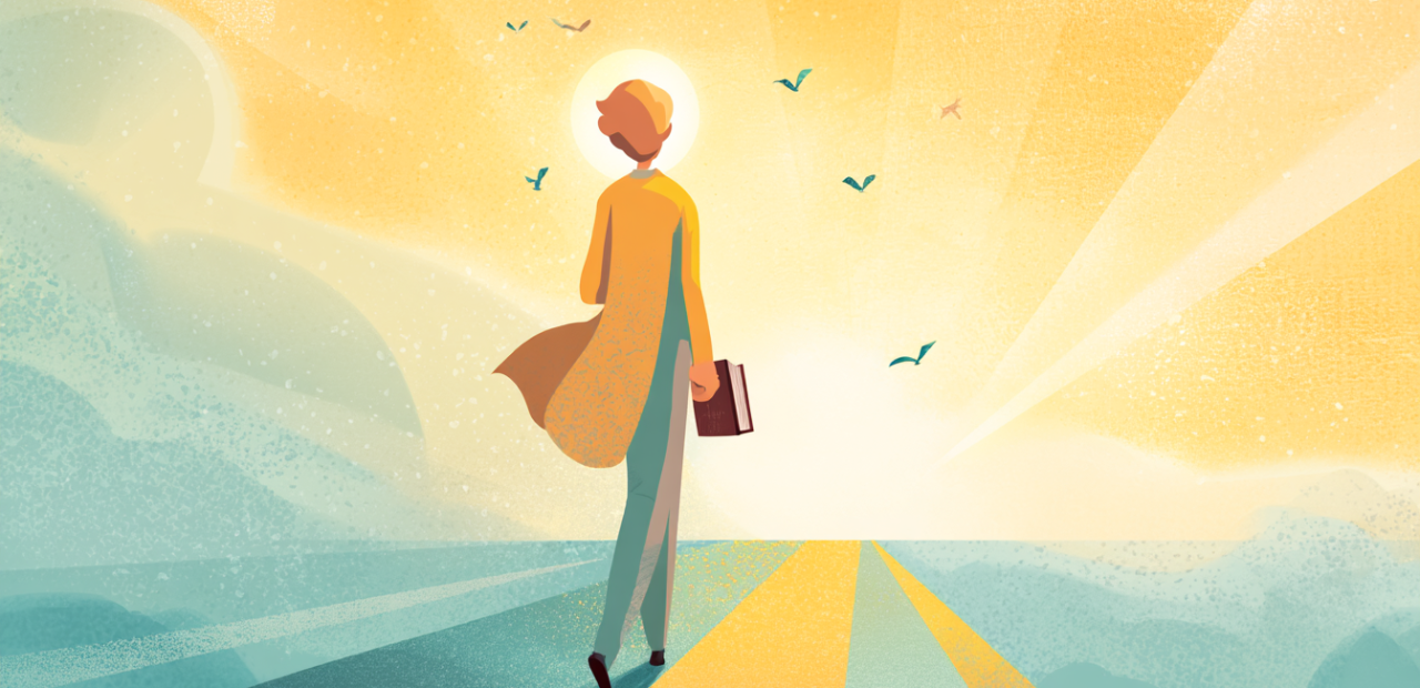 A cartoon illustration of a person with a halo walking forward on a sunrise path, carrying an open Bible, leaving behind shadows with birds flying ahead.