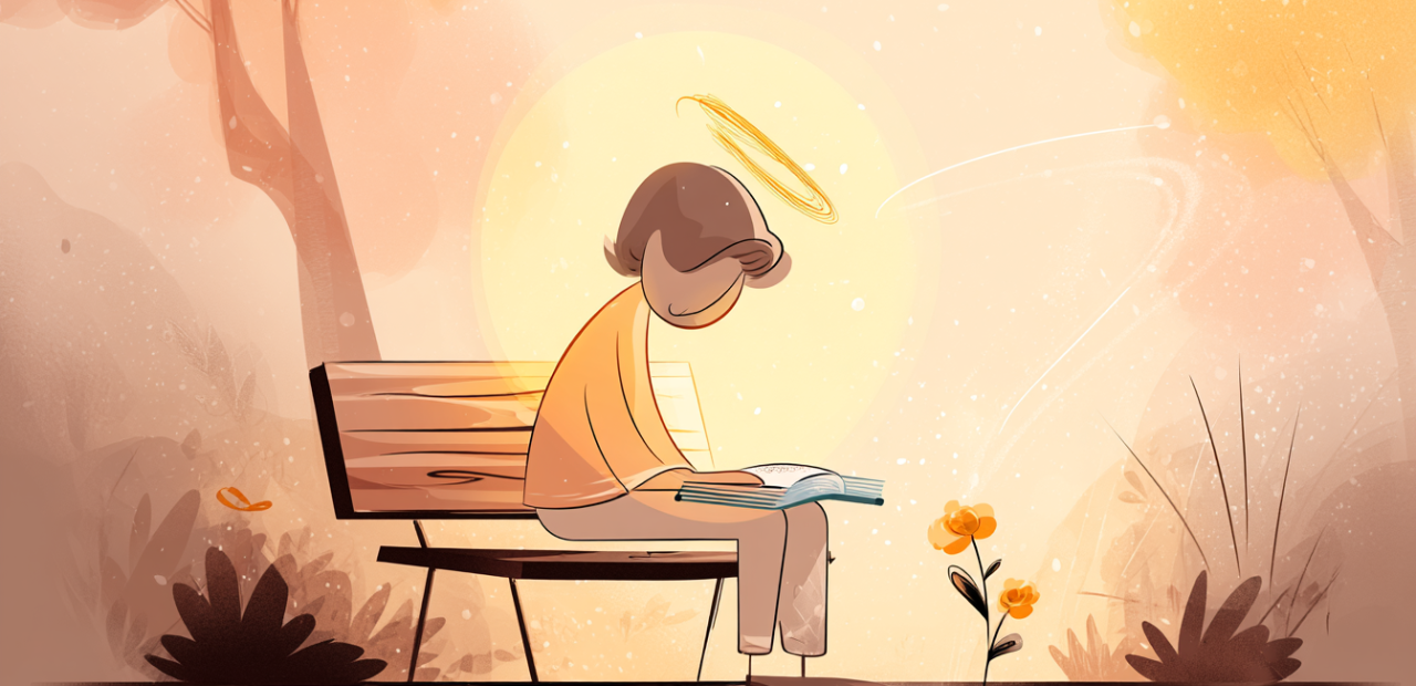 A cartoon illustration of a person with a halo sitting on a bench with head bowed, warm golden light shining, an open Bible and a blooming flower nearby.