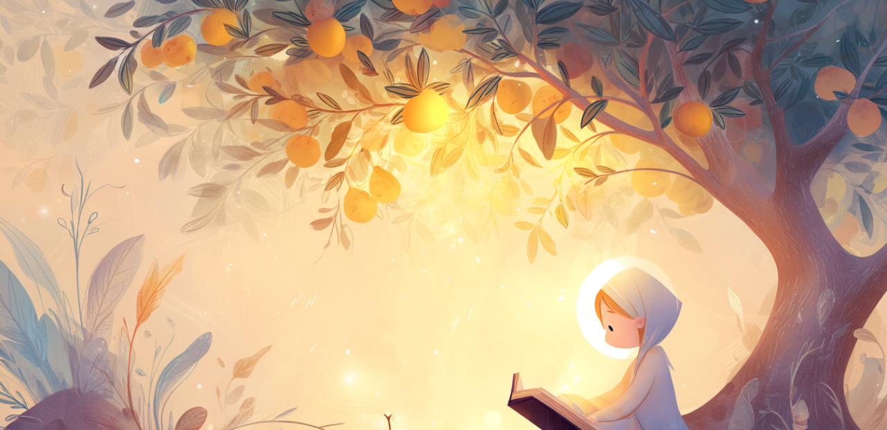 A cartoon-style illustration of a young person with a soft halo studying an open Bible under a radiant tree with glowing fruit, with a lamp, scroll, and feather quill nearby.
