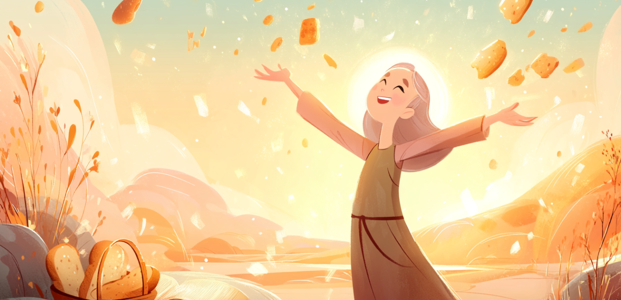 A cartoon-style illustration of a person with a soft halo joyfully receiving bread from a glowing sky, with an open Bible, a basket of fish and bread, and small plants nearby.