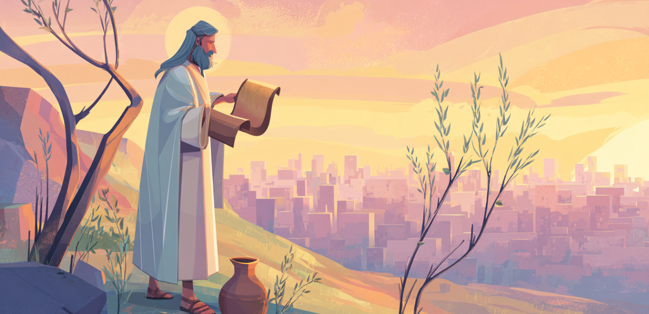 A cartoon-style illustration of the prophet Jeremiah with a soft halo standing on a hillside holding a scroll, overlooking a sunrise-lit city, with a broken pot, budding branch, and Bible nearby.